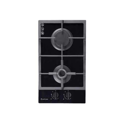Artusi 30cm Domino Dual Gas Cooktop - With Cast Iron Trivet in Black Glass