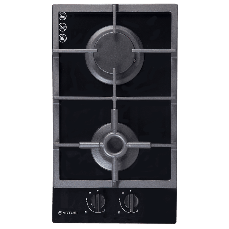 Artusi 30cm Domino Dual Gas Cooktop - With Cast Iron Trivet in Black Glass
