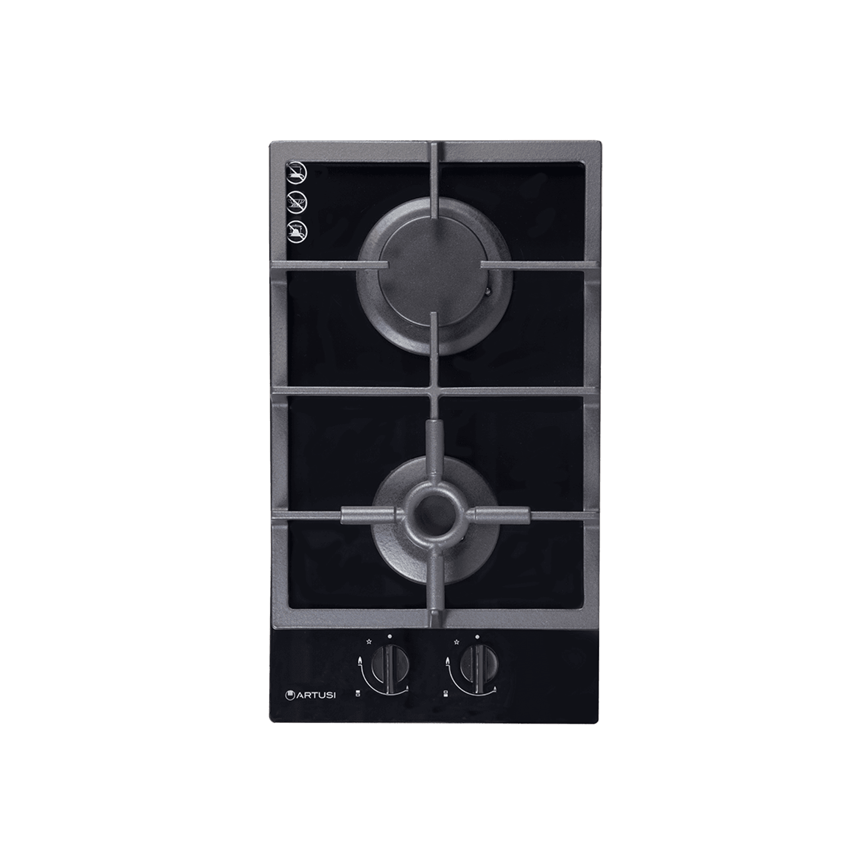 Artusi 30cm Domino Dual Gas Cooktop - With Cast Iron Trivet in Black Glass
