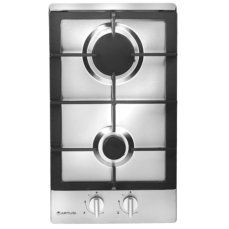 Artusi 30cm Domino Dual Gas Cooktop - With Cast Iron Trivet in Stainless Steel
