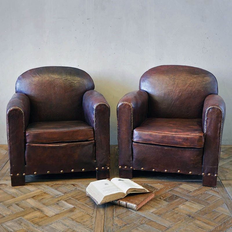 Vintage French Leather Club Chairs (Pair)