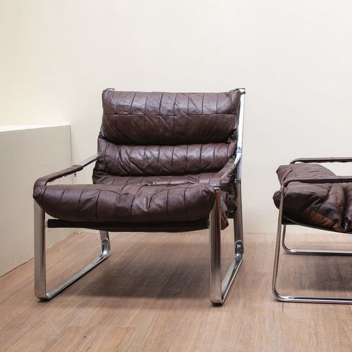 Mid Century Chrome & Leather Armchairs