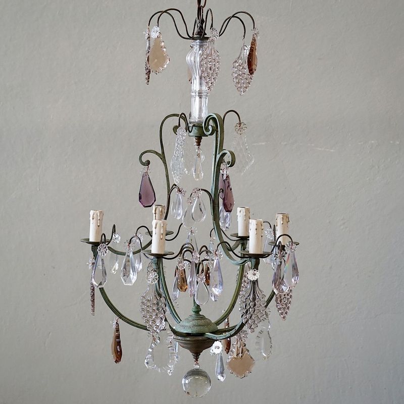 French Antique Verdigris Brass & Glass Chandelier