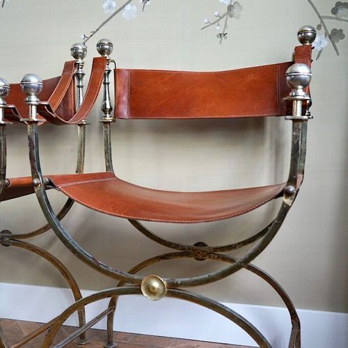 Vintage Iron & Leather Curule Chairs (Pair)