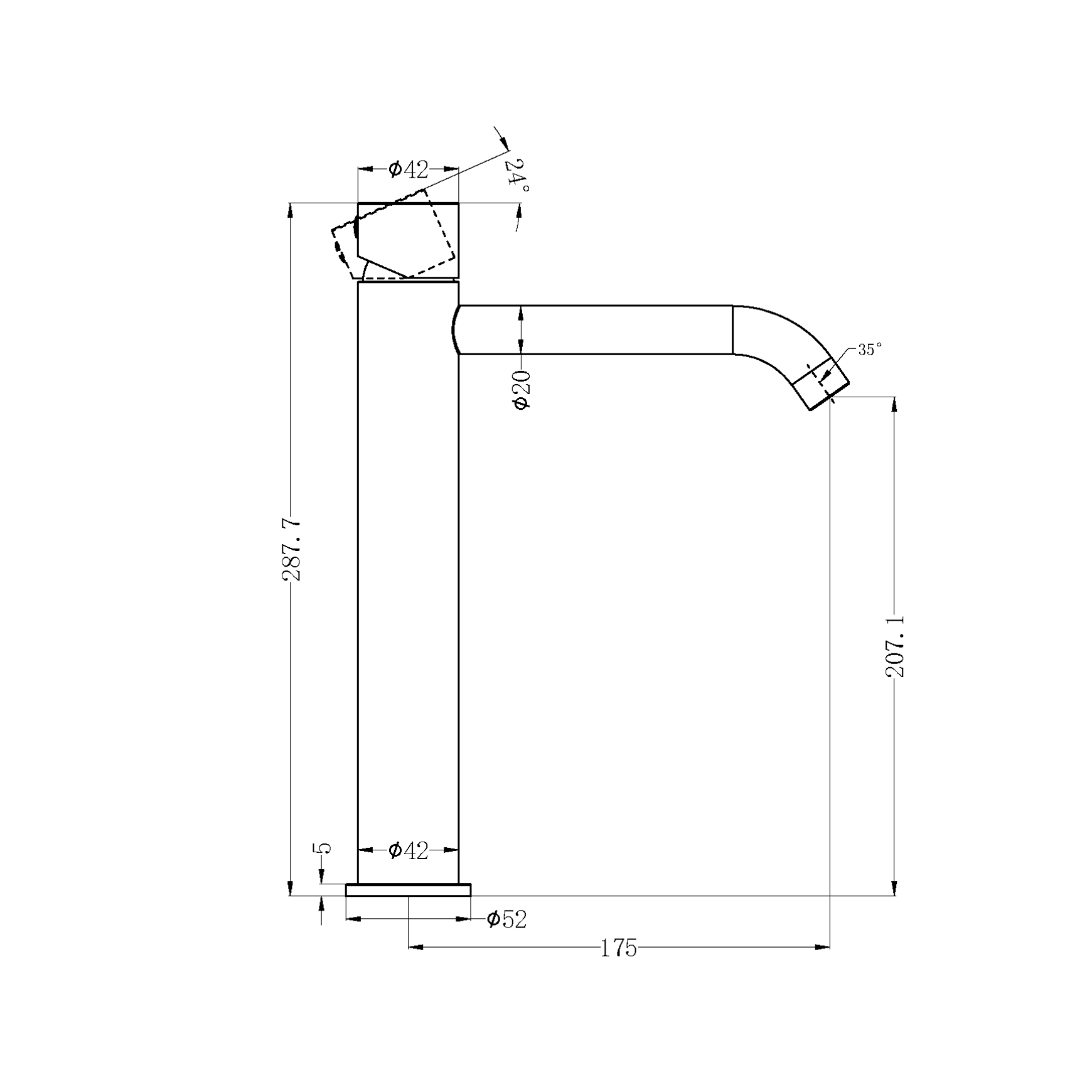 Zen SS316L Tall Basin Mixer Handless | Brushed Gold dimensions
