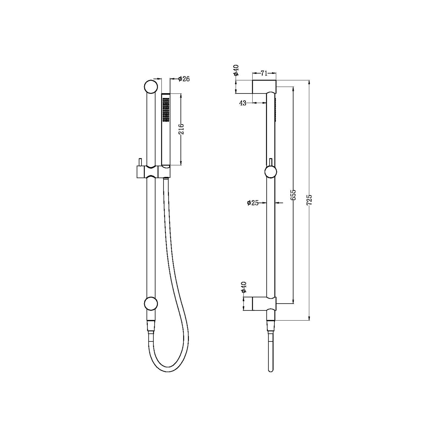 Zen SS316L Shower Rail & Outdoor Shower Hose | Brushed Nickel dimensions
