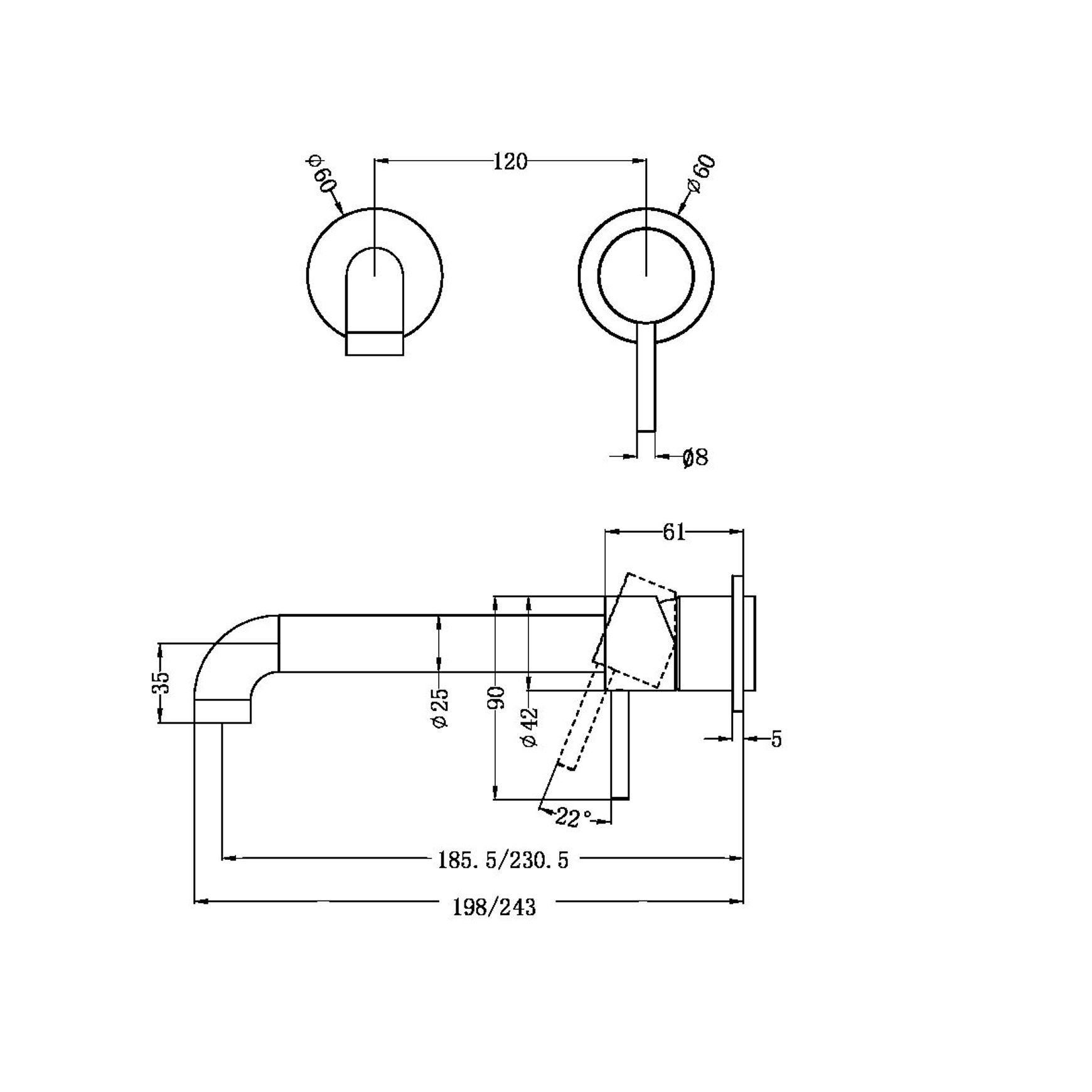 Zen SS316L Wall Basin/Bath Mixer Separate Back Plate 185mm Spout Trim Kits | Brushed Nickel