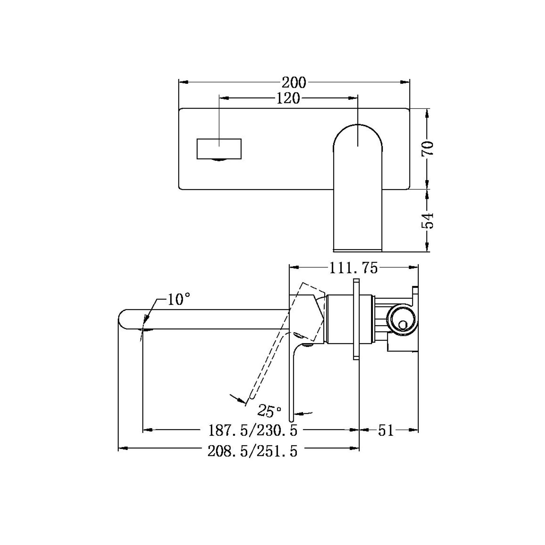 Bianca Wall Basin/Bath Mixer 187mm | Brushed Gold dimensions