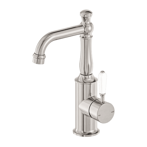 York Basin Mixer With White Porcelain Lever Brushed Nickel
