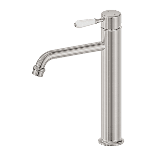York Straight Tall Basin Mixer With White Porcelain Lever Brushed Nickel