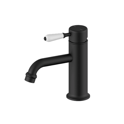 York Straight Basin Mixer With White Porcelain Lever Matte Black