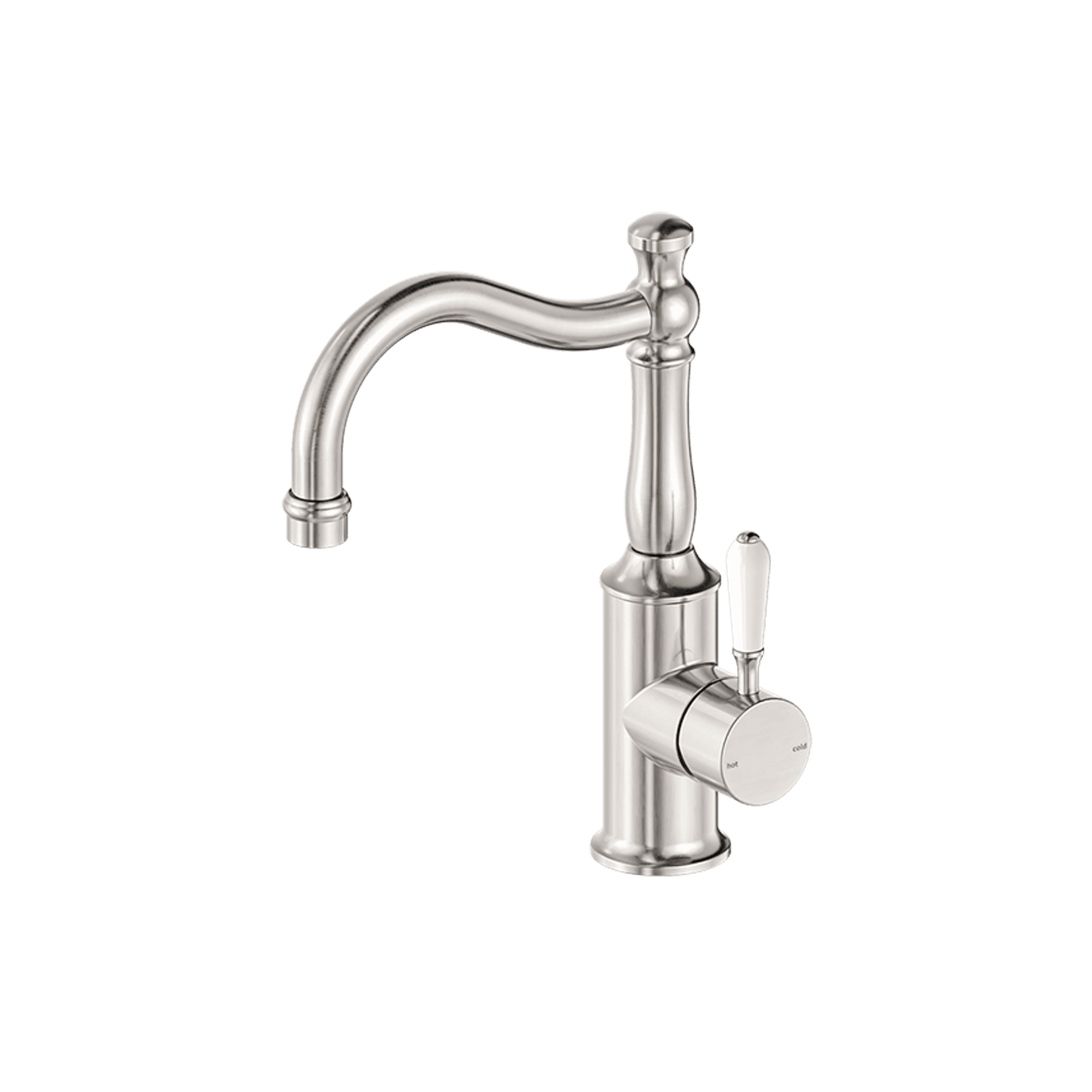 York Basin Mixer Hook Spout With White Porcelain Lever Brushed Nickel
