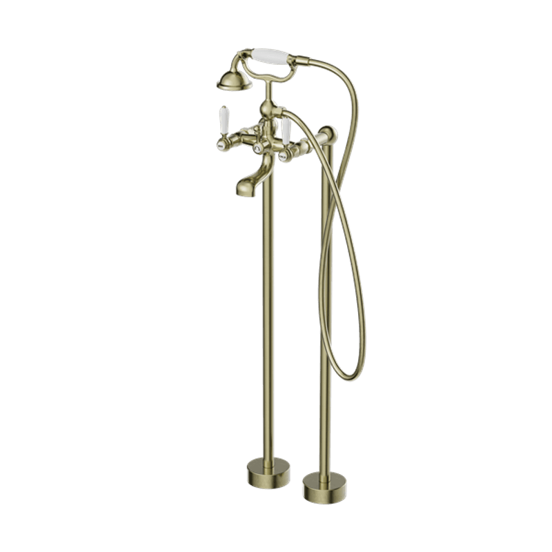 York Freestanding Bath Set With White Porcelain Hand Shower Aged Brass