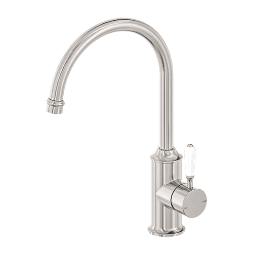 York Kitchen Mixer Gooseneck Spout With White Porcelain Lever Brushed Nickel