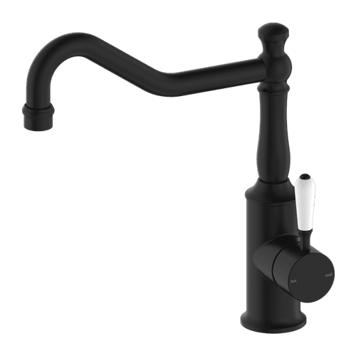 York Kitchen Mixer Hook Spout With White Porcelain Lever Matte Black
