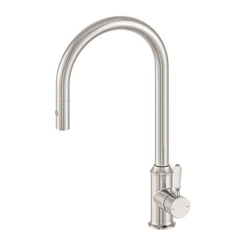 York Pull Out Sink Mixer With Vegie Spray Function With White Porcelain Lever Brushed Nickel