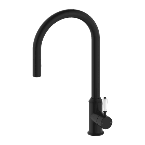 York Pull Out Sink Mixer With Vegie Spray Function With White Porcelain Lever Matte Black