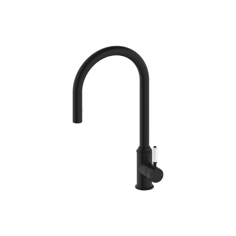 York Pull Out Sink Mixer With Vegie Spray Function With White Porcelain Lever Matte Black