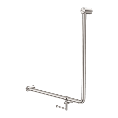 Mecca Care 32mm Ambulant 90 Degree Bent Tube Grab Rail 750X750mm With Toilet Roll Holder Brushed Nickel