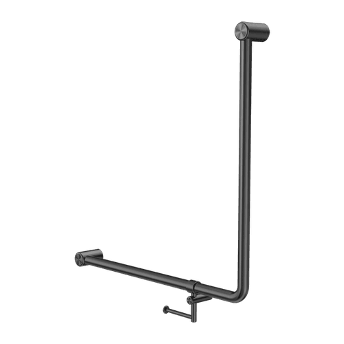 Mecca Care 32mm Ambulant 90 Degree Bent Tube Grab Rail 750X750mm With Toilet Roll Holder Gun Metal