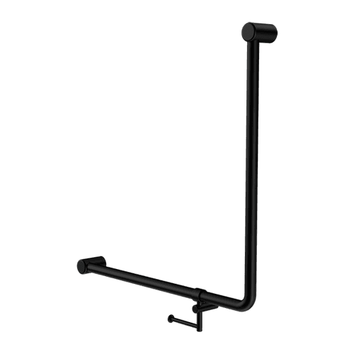 Mecca Care 32mm Ambulant 90 Degree Bent Tube Grab Rail 750X750mm With Toilet Roll Holder Matte Black