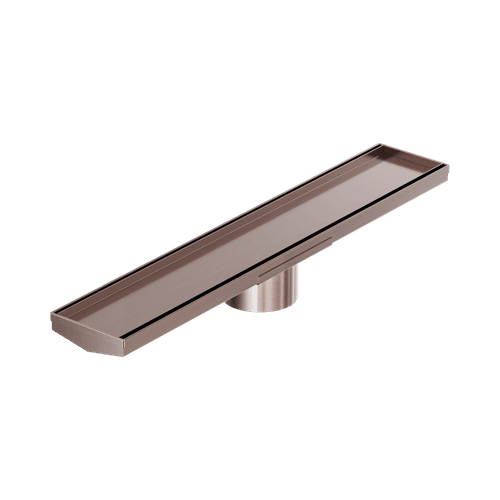Tile Insert V Channel 600mm Floor Grate 89mm Outlet With Hole Saw Brushed Bronze