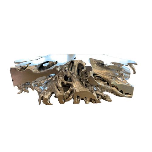 Teak Root Wood Console Table in Silver Leaf
