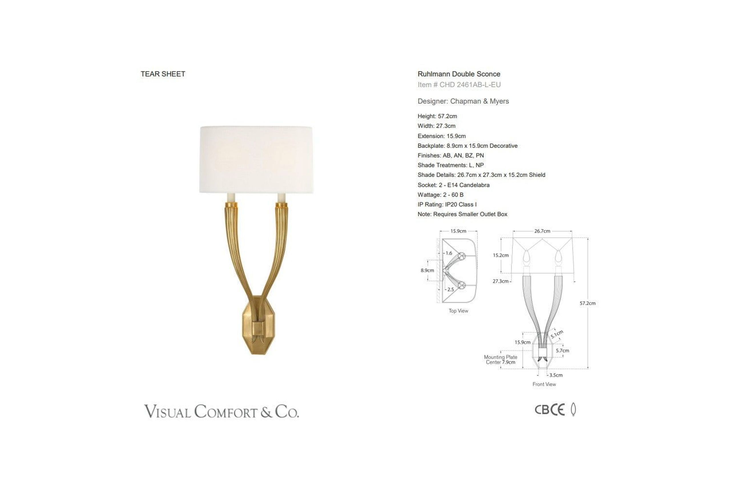 Visual Comfort Chapman Myers Ruhlmann Double Sconce dimensions