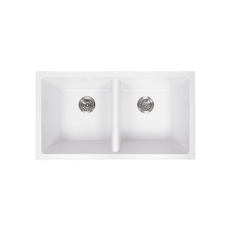 Keith 848x467 White Granite Double Bowl Sink