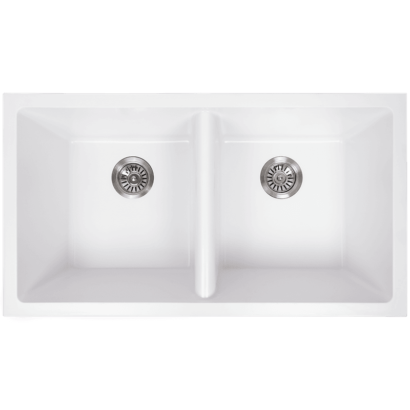 Keith 848x467 White Granite Double Bowl Sink