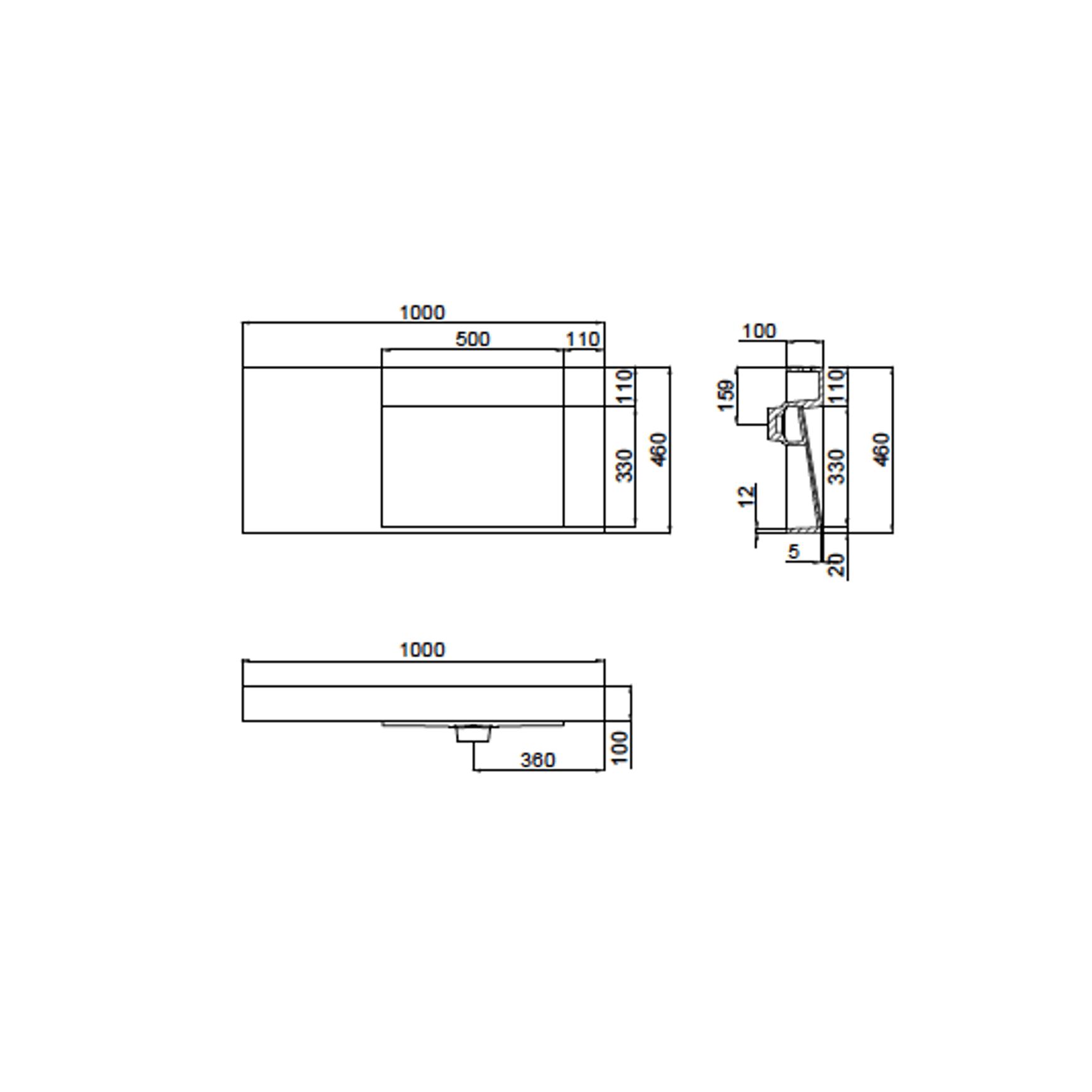 The Ramp Basin - Ramp C100-b 1000mm Right dimensions