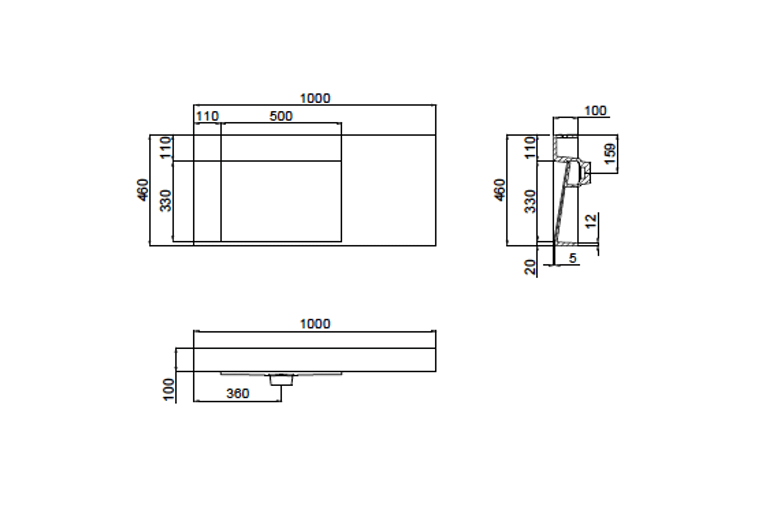 The Ramp Basin - Ramp C100-b 1000mm Left dimensions