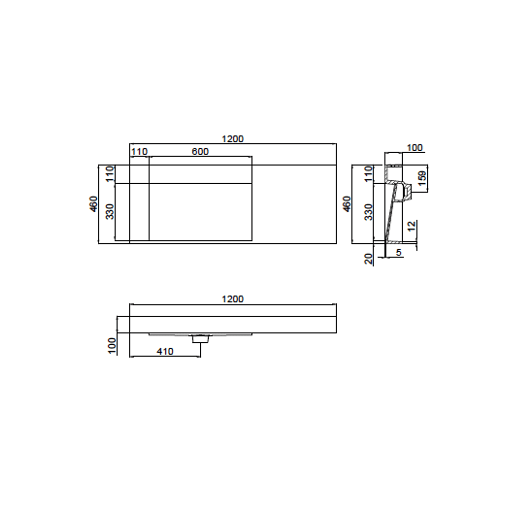 The Ramp Basin - Ramp C100-b 1200mm Left dimensions