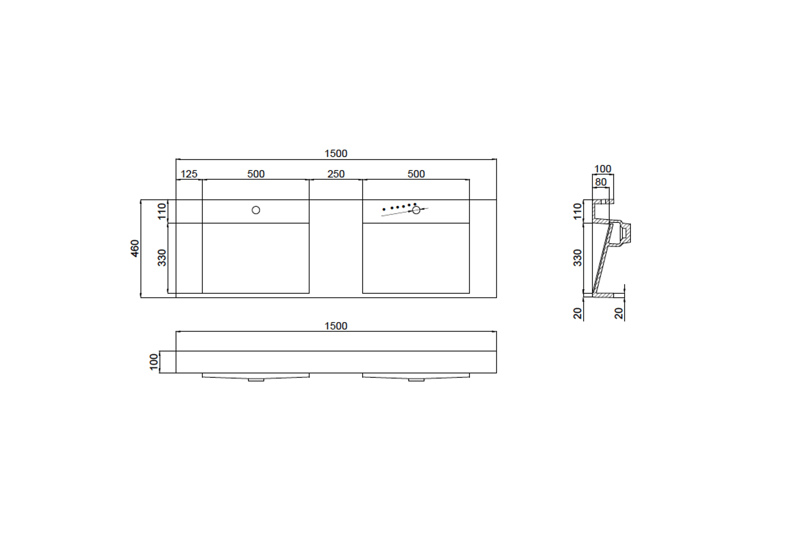 The Ramp Basin - Ramp C100-b 1500mm Double dimensions