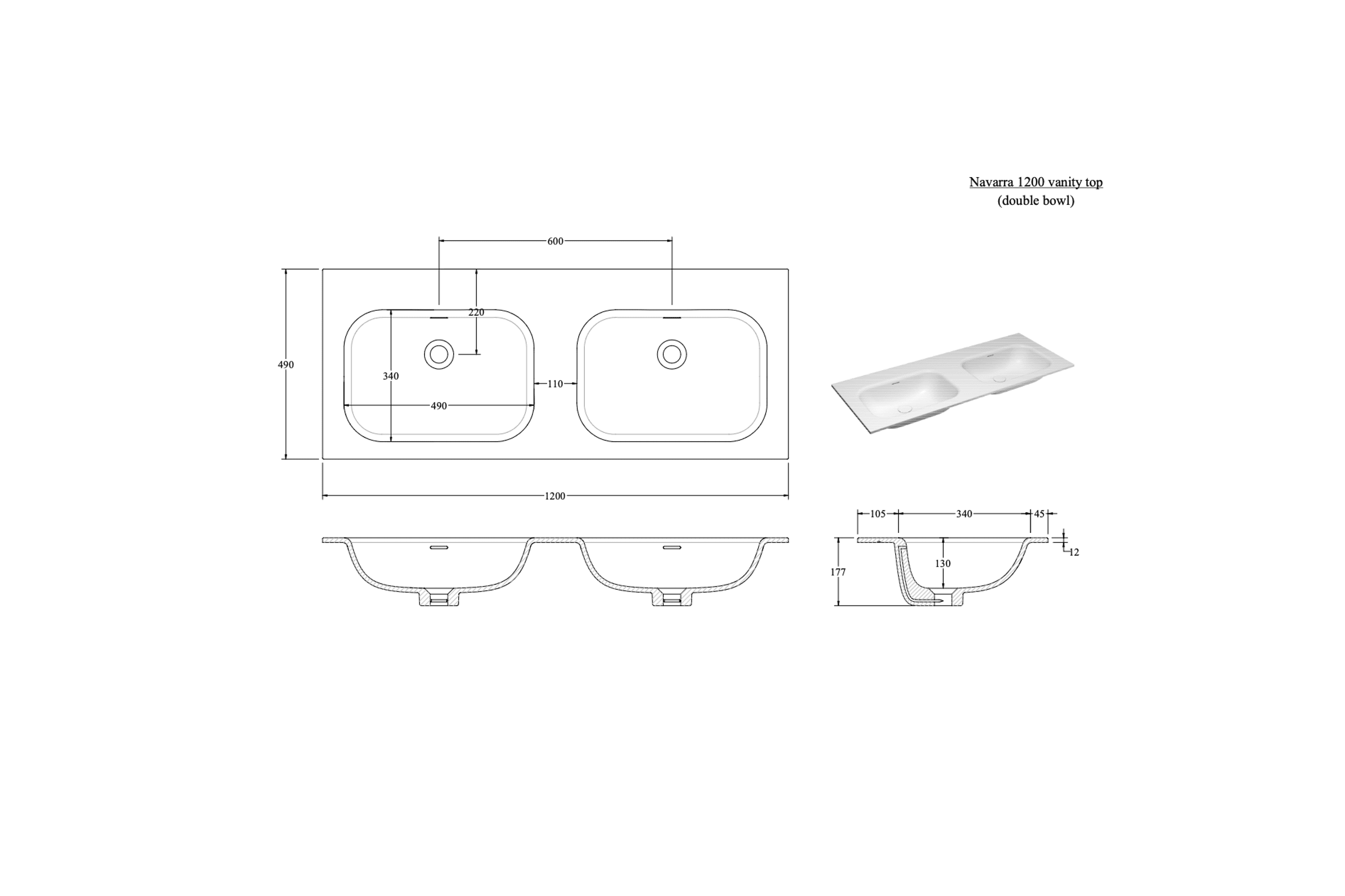 NAVARRA 1200 DOUBLE VANITY SINK TOP RANGE