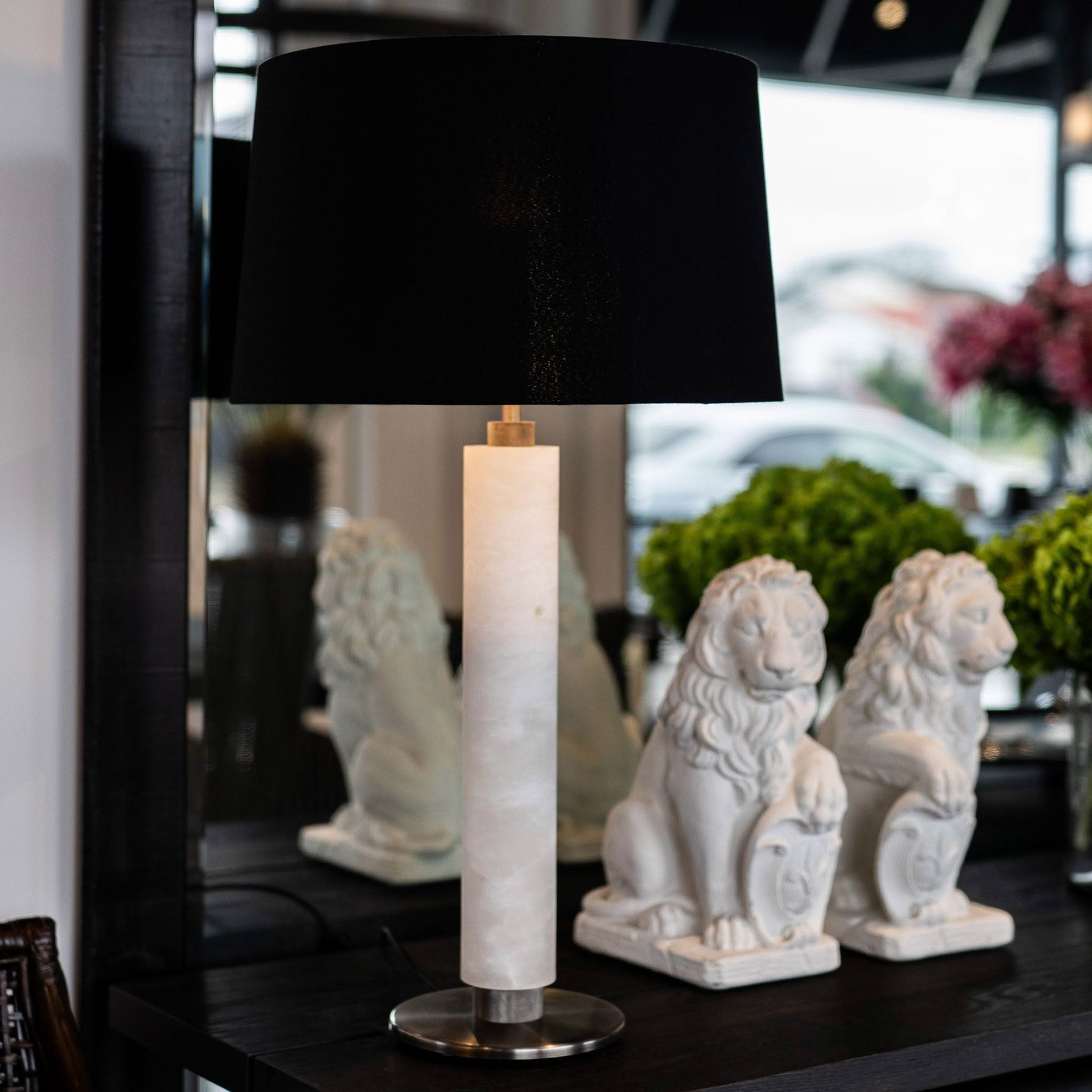 Tz - Valencia Table Lamp - Alabaster, Vintage Silver Finish With Black Shade