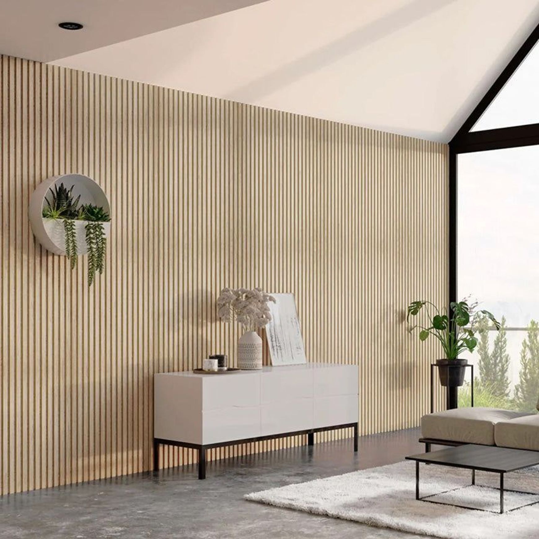 WOODFLEX Flexible Acoustic Wood Slat Wall Panel, Oak Veneer on Light Grey - 2700mm x 600mm