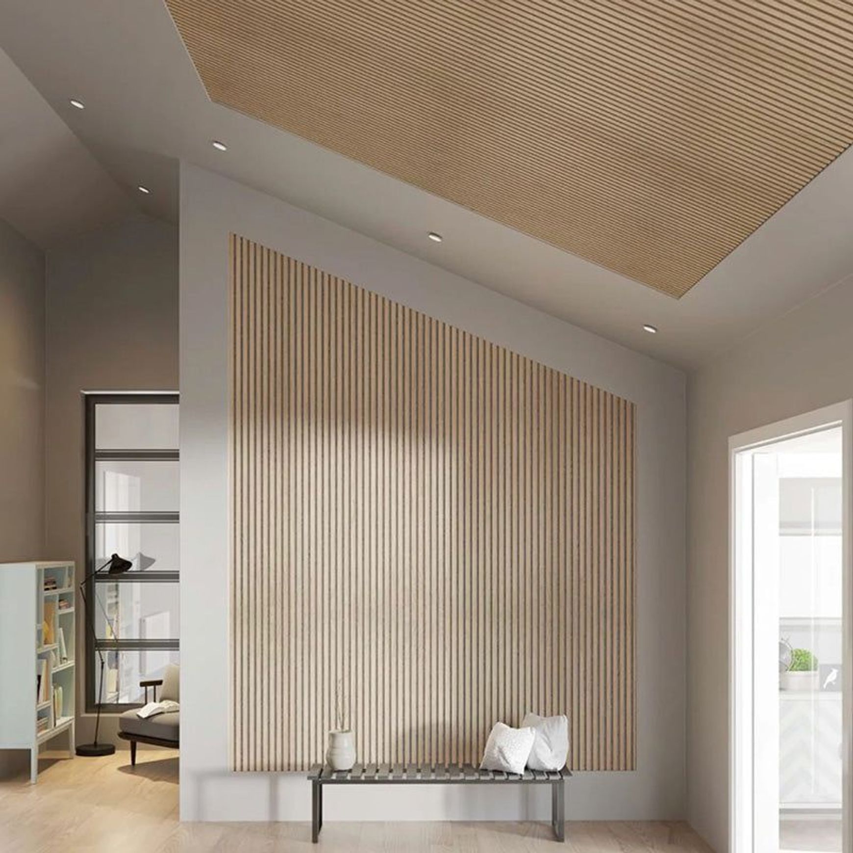 WOODFLEX Flexible Acoustic Wood Slat Wall Panel, Oak Veneer on Light Grey - 2700mm x 600mm