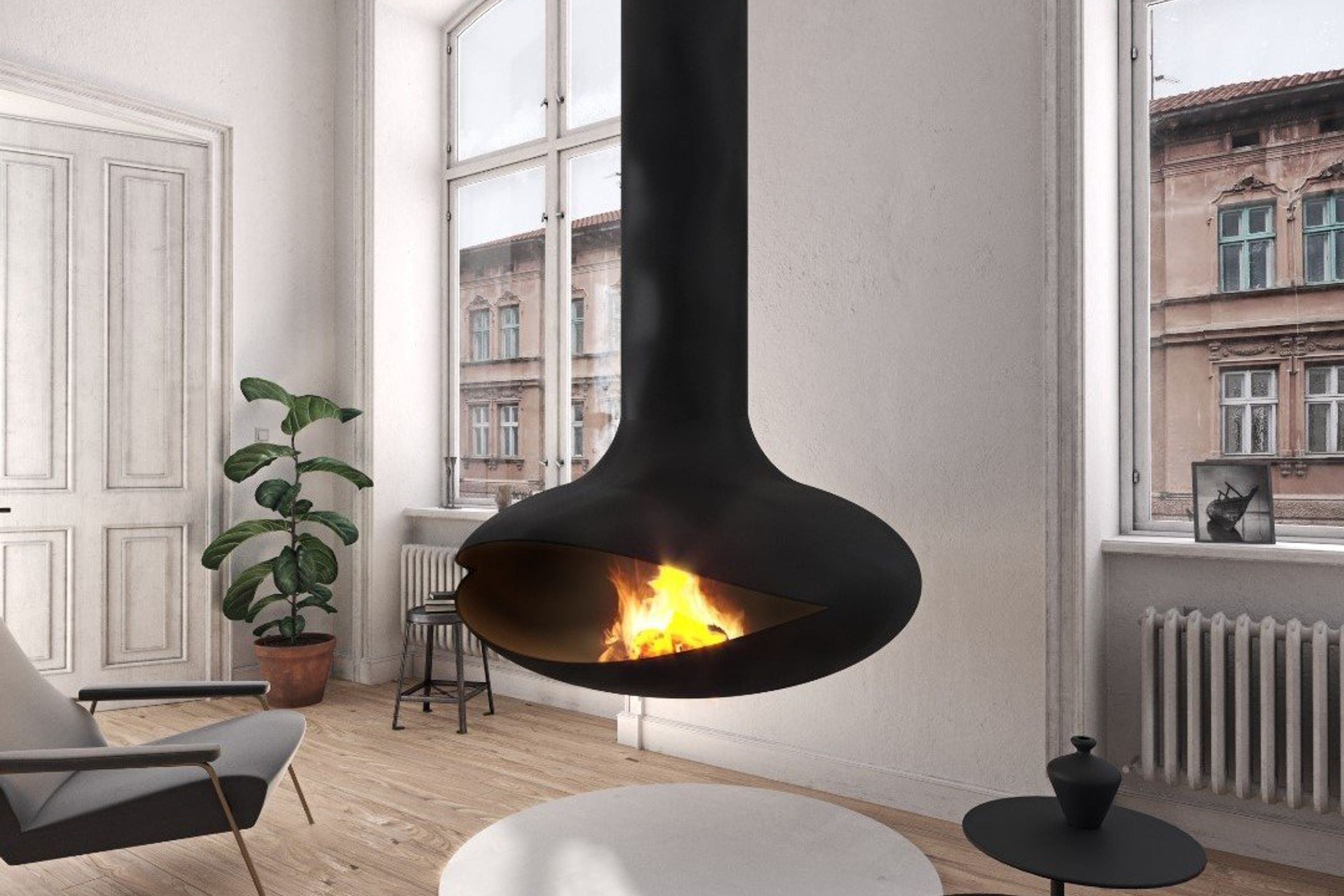 Zen Suspended Elegante Wood Fireplace