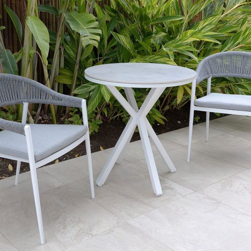Adele Round Ceramic Table With Nivala Chairs 3pc Outdoor Dining Setting