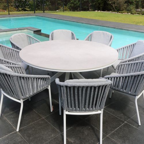 Adele Round Ceramic Table With Melang Chairs 9pc Outdoor Dining Setting
