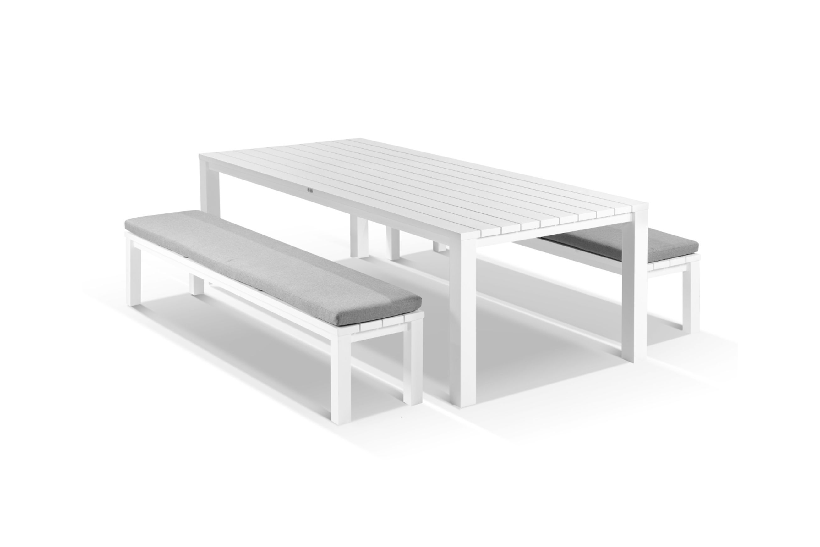 Cove Table 220cm and 2 Bench Seats with Cushions - White