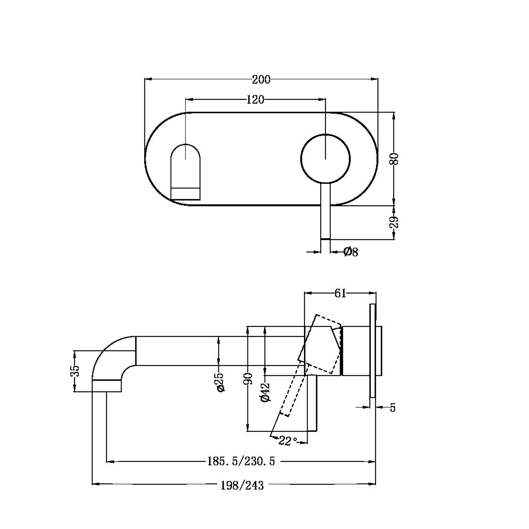 Zen SS316L Wall Basin/Bath Mixer 230mm Spout Trim Kits | Brushed Nickel dimensions
