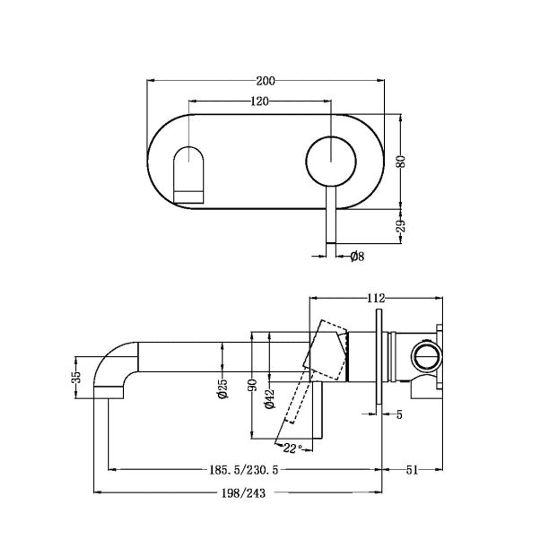 Zen SS316L Wall Basin/Bath Mixer 185mm Spout | Graphite