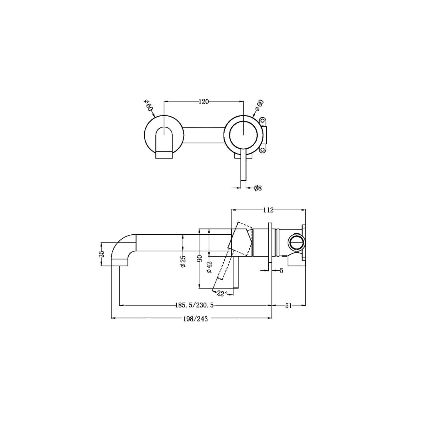 Zen SS316L Wall Basin/Bath Mixer Separate Back Plate 230mm Spout | Brushed Gold