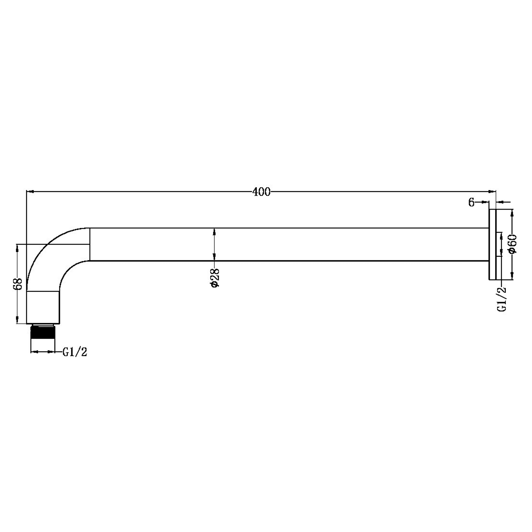 Zen SS316L Round Shower Arm 400mm Length | Graphite dimensions