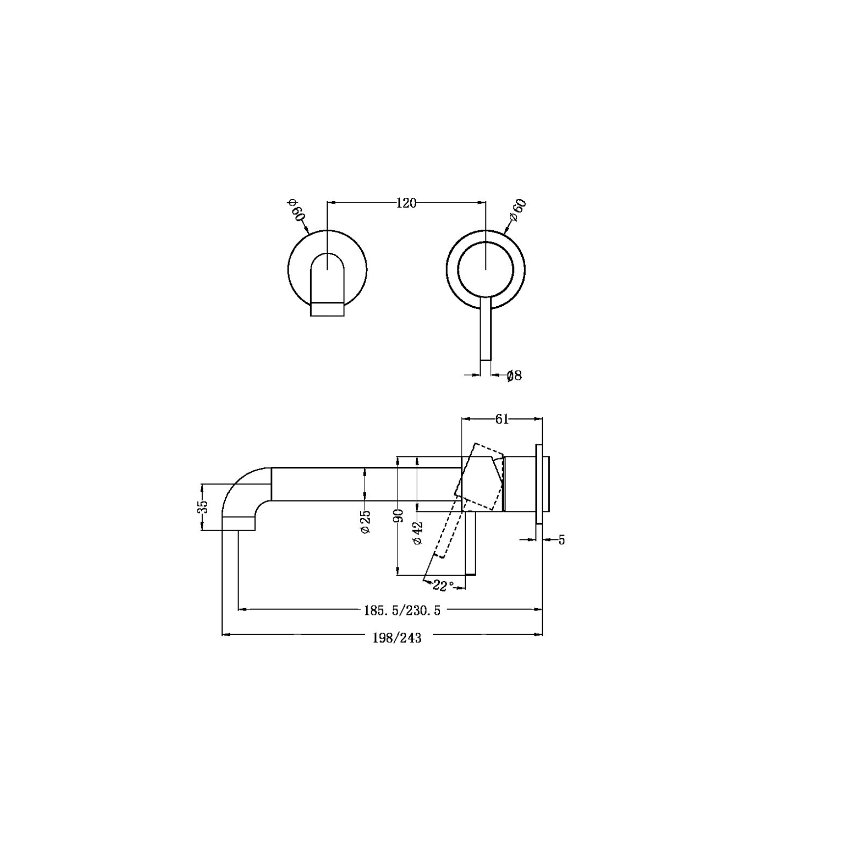 Zen SS316L Wall Basin/Bath Mixer Separate Back Plate 230mm Spout Trim Kits | Brushed Gold