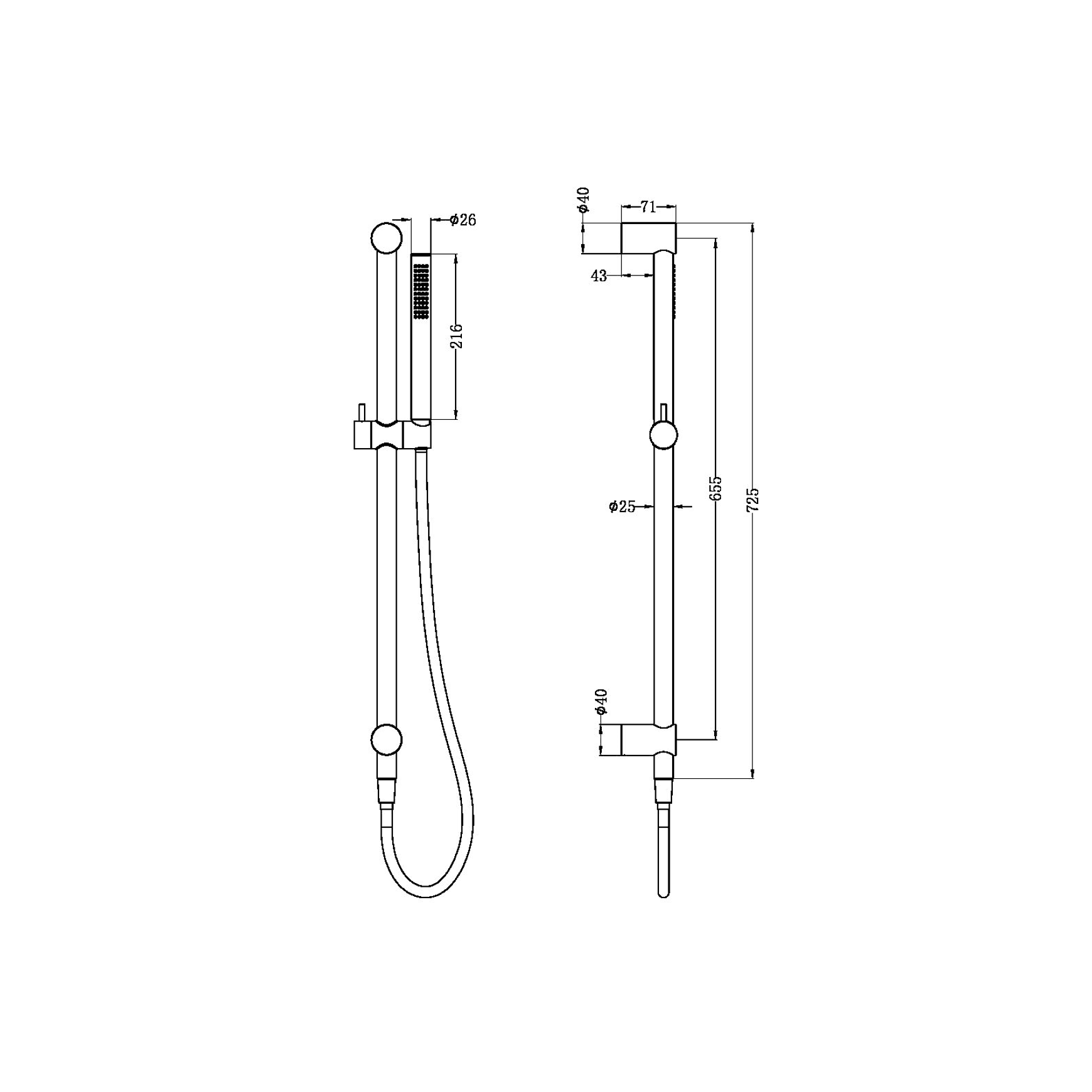 Zen SS316L Shower Rail & Outdoor Shower Hose | Brushed Bronze dimensions