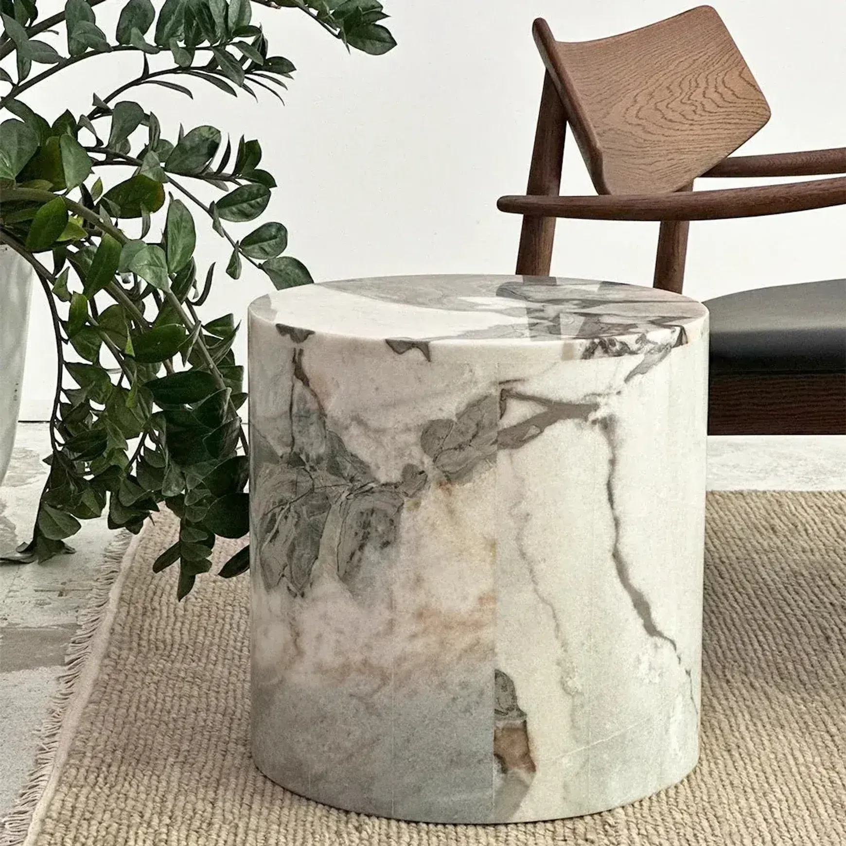 Round Plinth Side Table - Milky Blue Marble