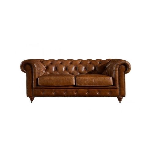 Winston Two Seat Classic Vintage Leather Chesterfield Lounge - Camel Brown